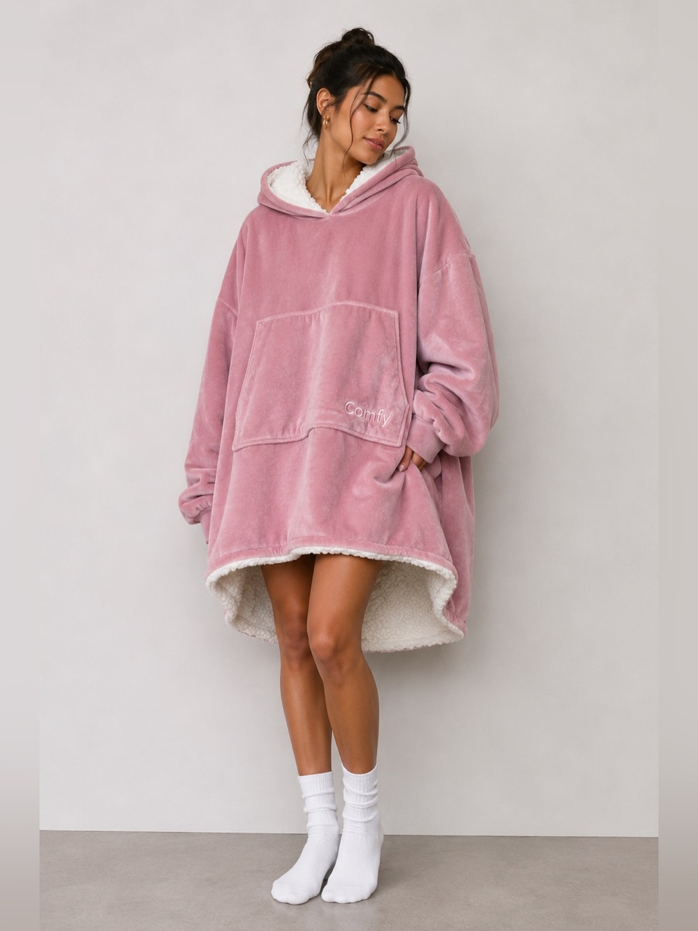 The Comfy Pink Sherpa Lined Wearable Blanket Hoodie Oversized Cozy One Size